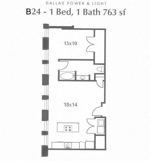 Floor plan for 1 bed, 1 bath, 763 sqft